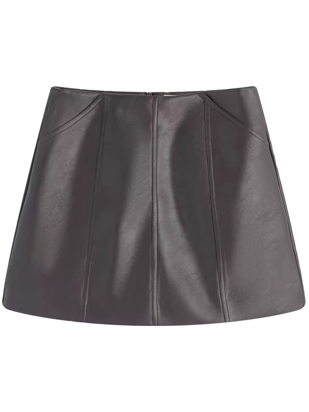 Newly launched imitation leather skirt, high quality solid color slit brown A-line leather skirt