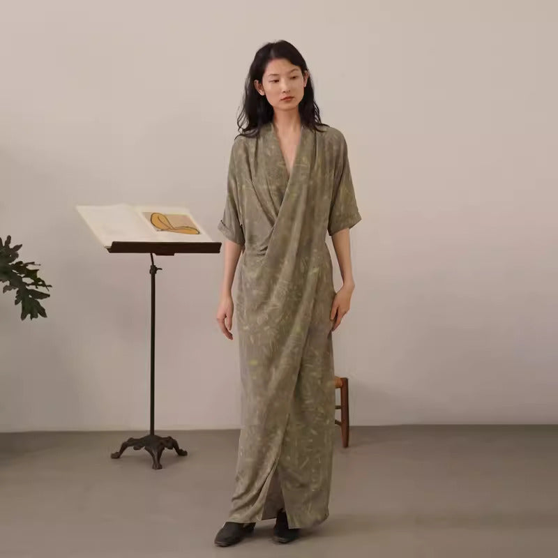 Oriental charm abstract printed loose and slim V-neck draped silk dress long skirt